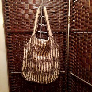 Cotton Tote Handbag Brown and Beige Shoulder Bag